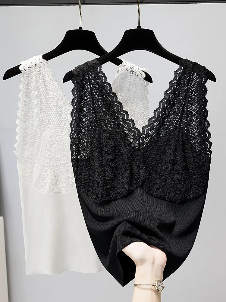 

plus Size Knitted Lace V-Neck Slimming Tank Top Sleeveless Summer New Style Women's Fashion Commute Style Loose Fit Single Piece