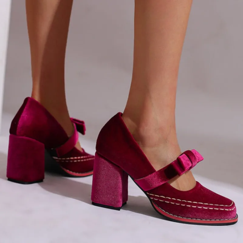 Matte Velvet Material Square Toe Car Stitching Bow Decal Shallow Women's Pumps Super High Thick Heel Elegant Noble Shoes