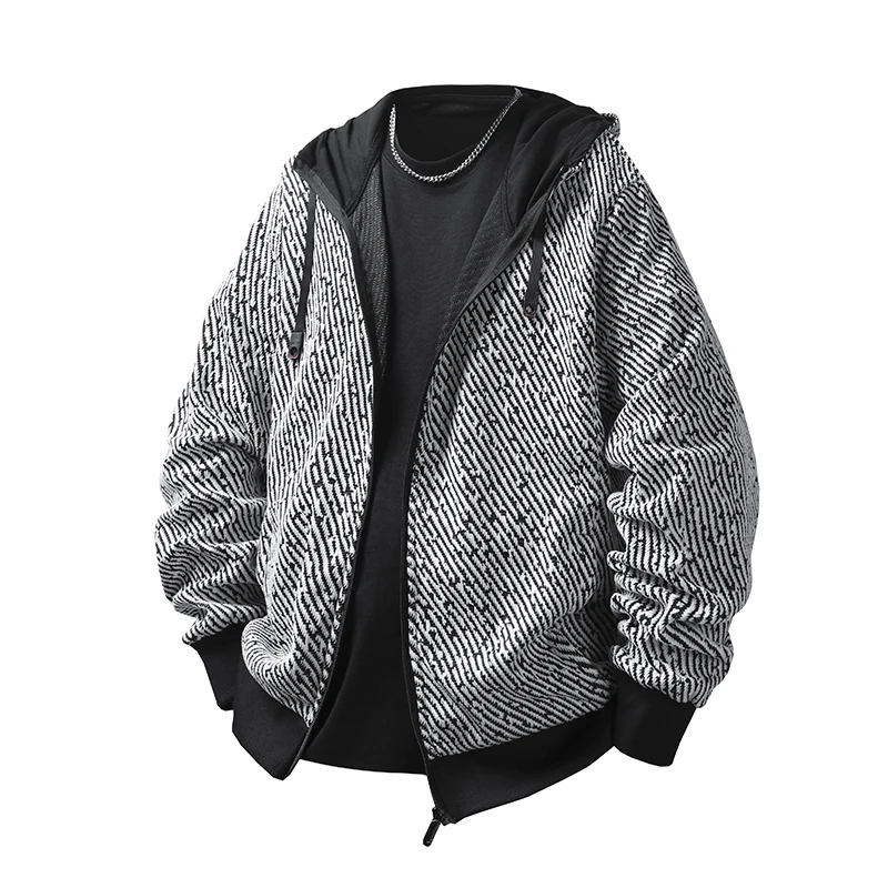 

Мужская текстурированная вязаная куртка с капюшоном большого размера — уникальный узор, молния спереди и скрытые карманы, модная для городских повседневных нарядов