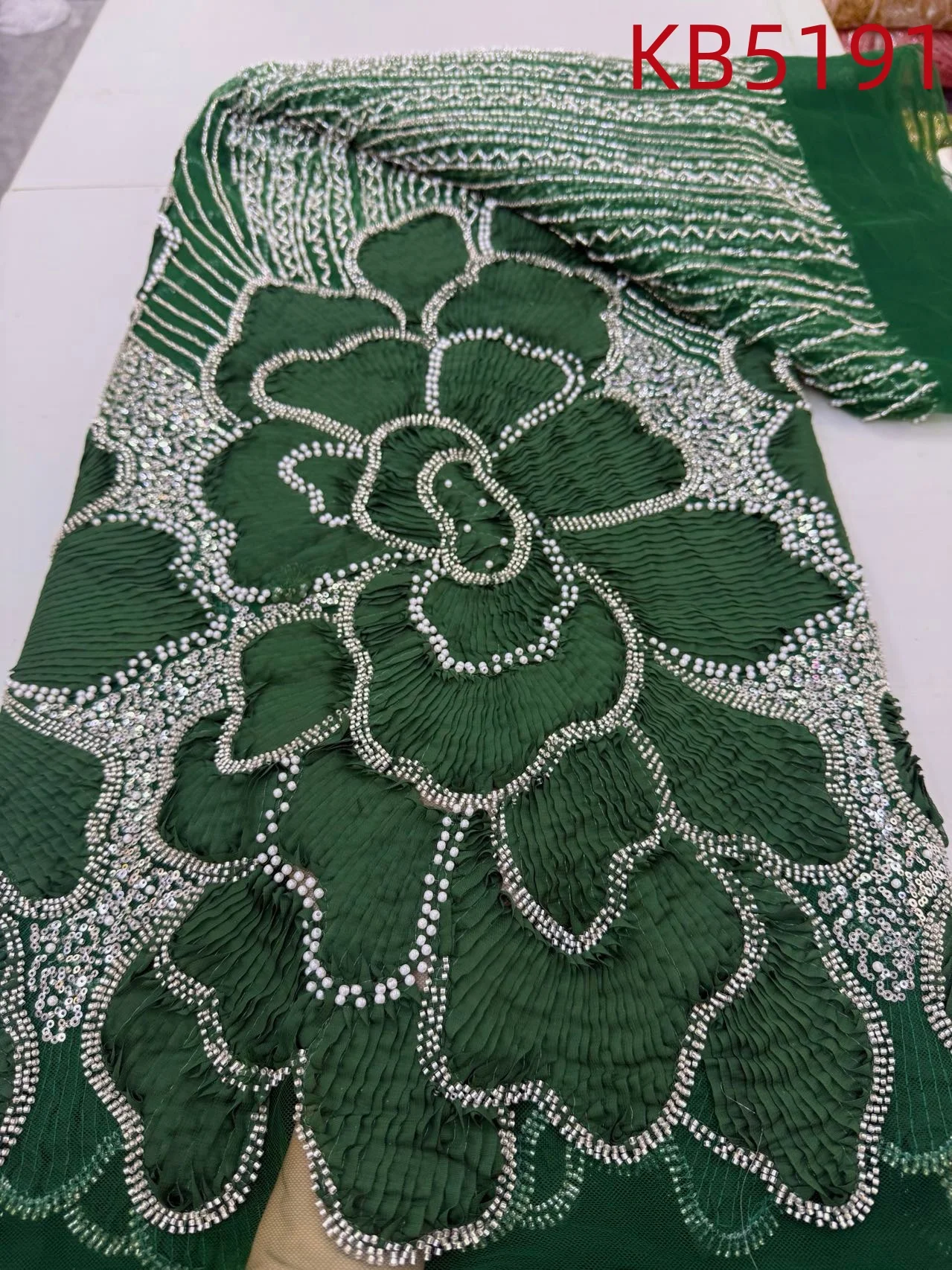 

African Beaded Tulle Lace Fabrics Sequins French Mesh Nigerian Lace Fabrics 2025 Green 3D Flower Lace Fabric For Sewing KB5191
