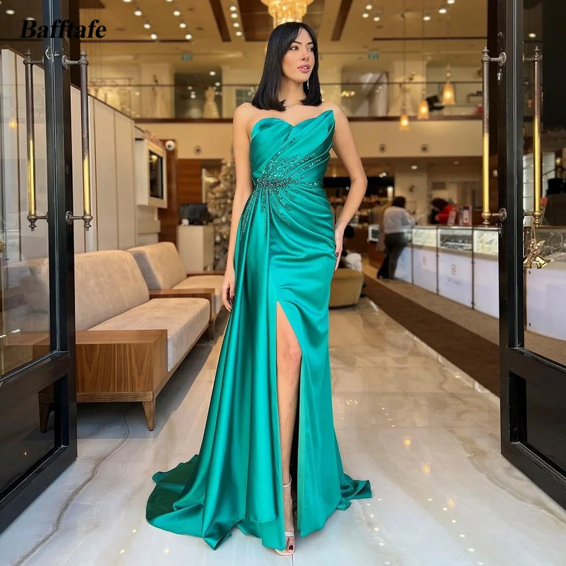 

Bafftafe Mermaid Green Satin Evening Gowns Beaded Pleated Slit Long Prom Dresses Special Party Occasion Women Formal Gowns 2024