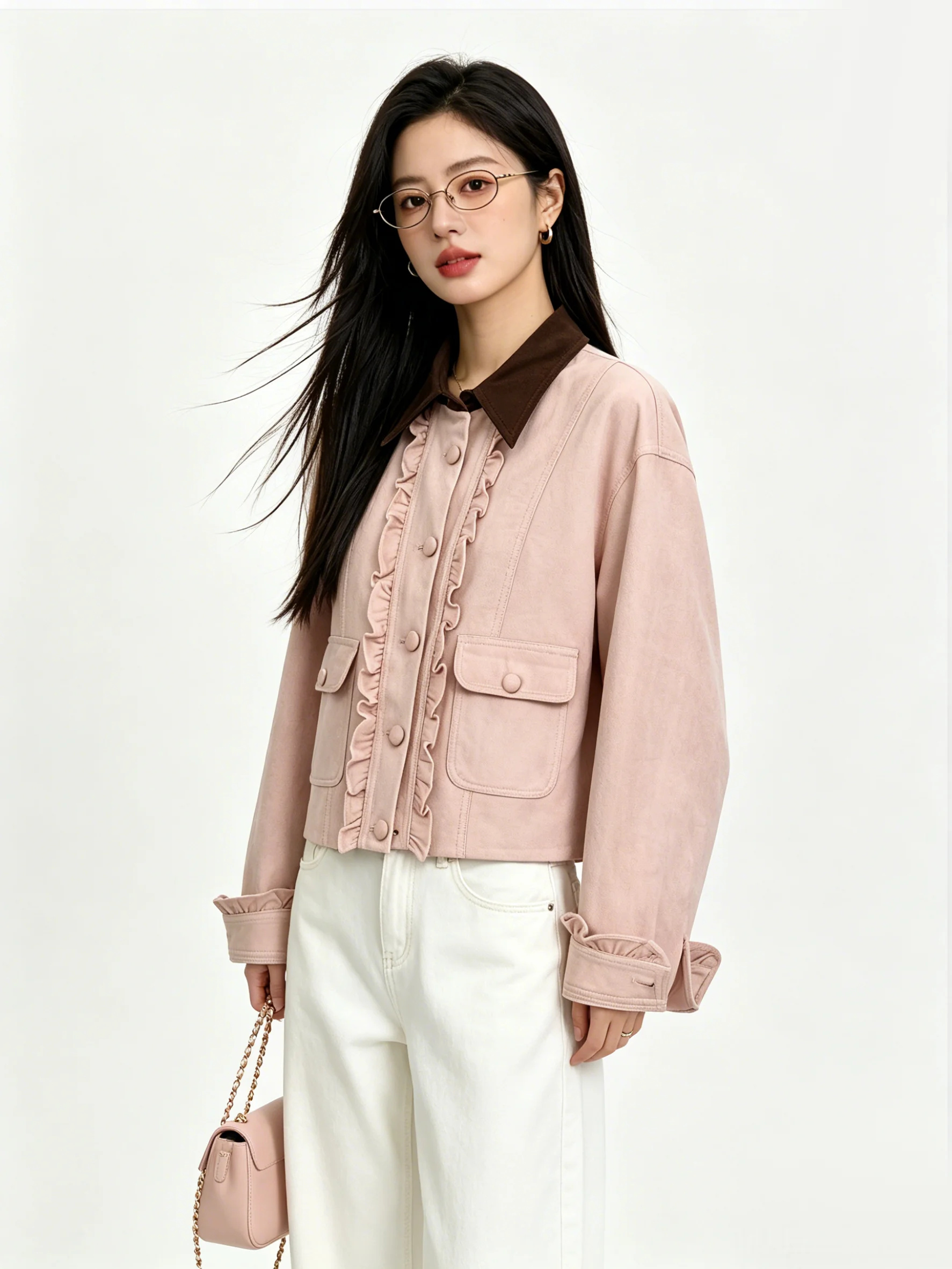Elegant Suede Short Jacket Sweet Youthful Contrast Color  Collar Slimming Spring Fashionable Women's Outerwear Coat