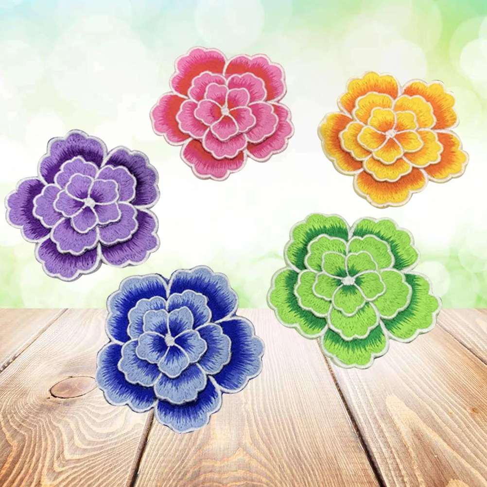 5pcs Embroidery Applique Adhesive Patches DIY Peony Flower Sticker for Jackets Jeans Bags Clothing Crafts Decoration Denim