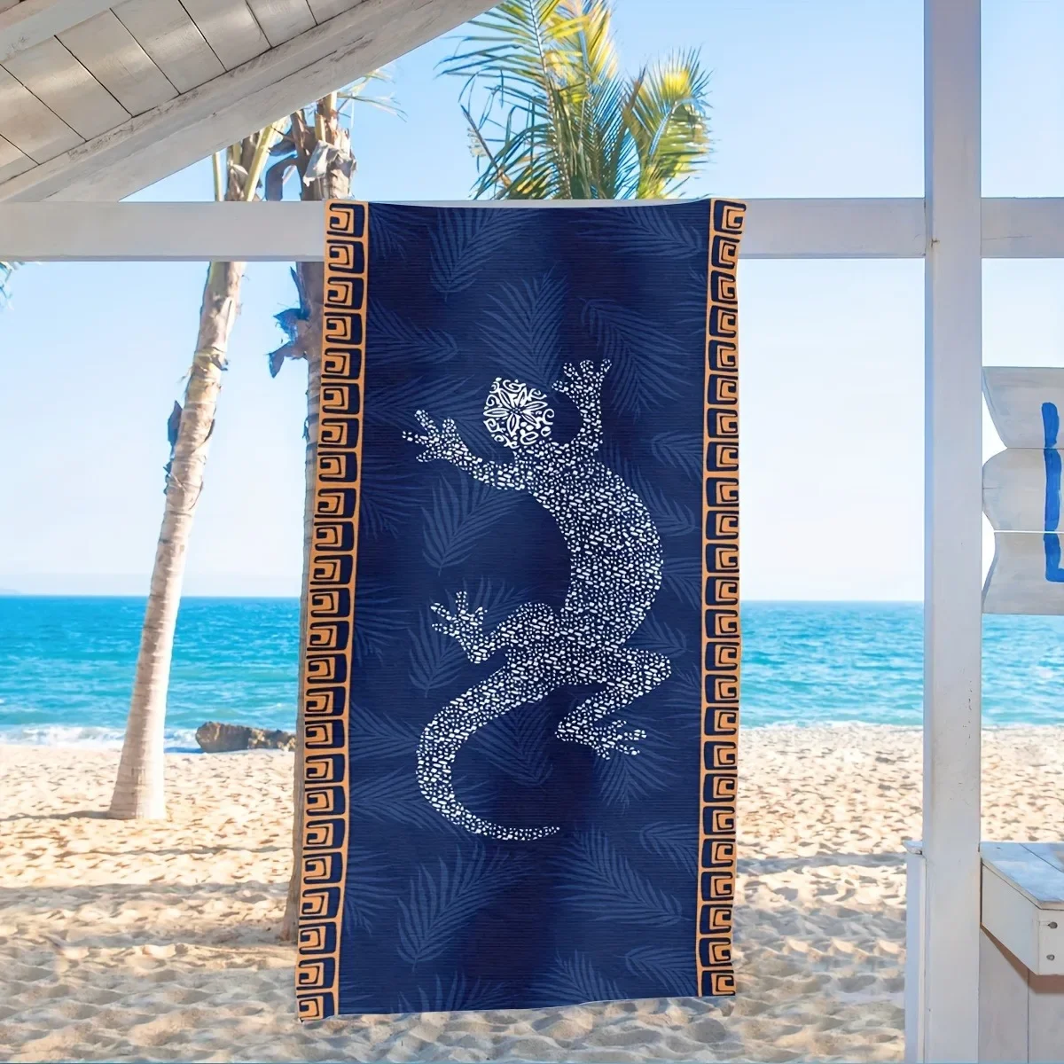 

Blue Beach Towel with Gecko Print and Palm Leaf Design Suitable for towels, bath towels, beach towels