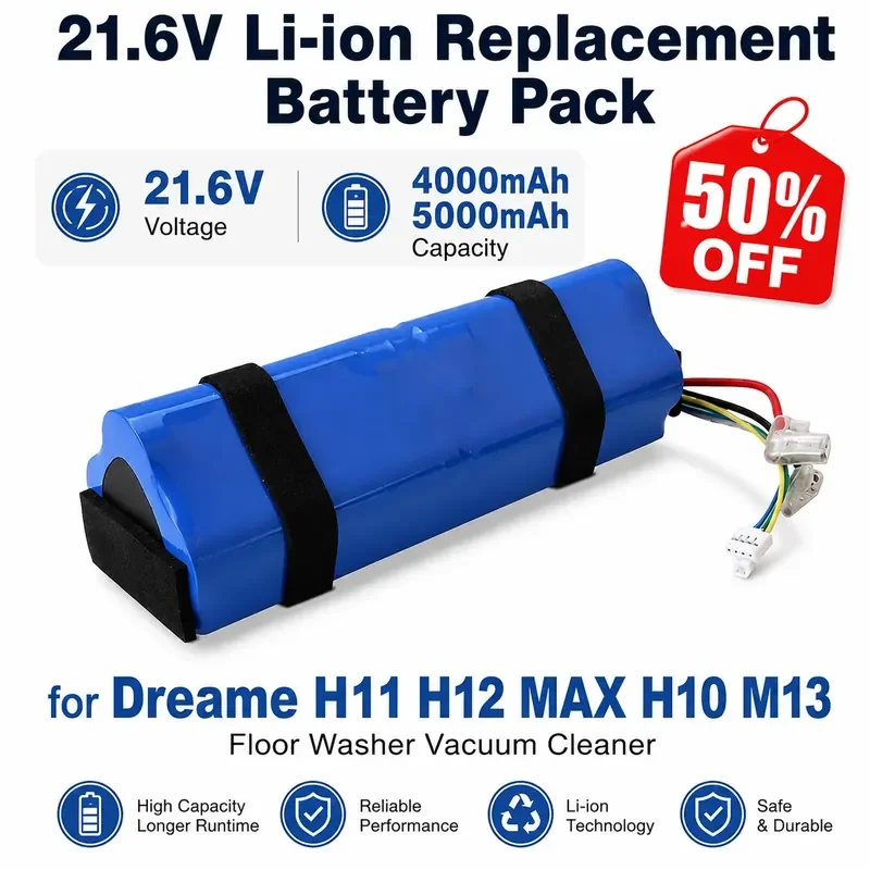 

21.6V 4000mAh/5000mAh Li-ion Replacement Battery Pack for Dreame H11 H12 MAX H10 M13 Floor Washer Vacuum Cleaner High Capacity