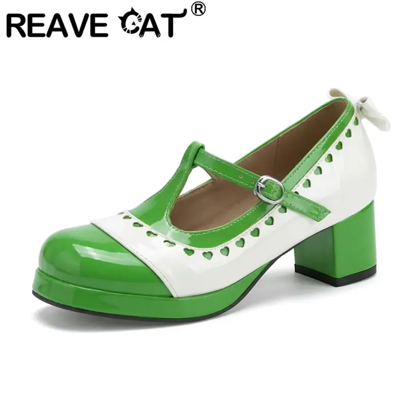 

Туфли-лодочки REAVE CAT фиолетовые женские с круглым носком, каблук 5,5 см, платформа 1,5 см, с пряжкой, Т-образным ремешком, разноцветные, большие размеры 48, 49, 50