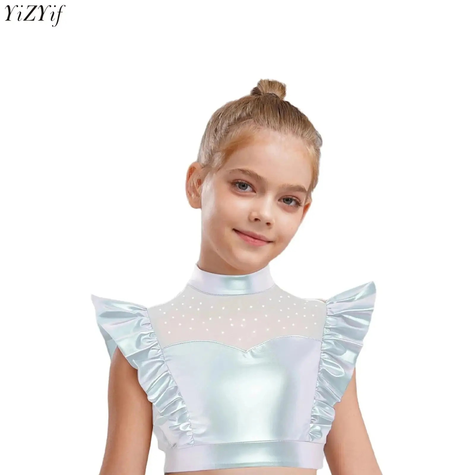 

Kids Girls Metallic Tank Tops 70s Disco Jazz Dance Shirts Shiny Rhinestone Mesh Patchwork Sleeveless Ruffle Crop Tops Streetwear