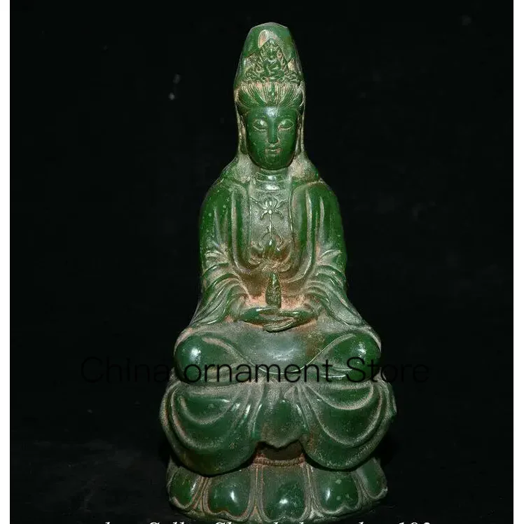 

8.8” Old Chinese Green Jade Carving Kwan-yin Guan Yin Goddess Statue Sculpture