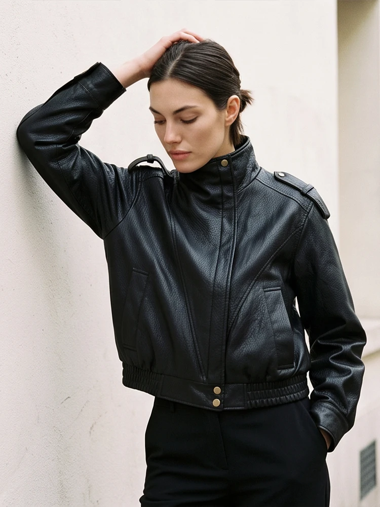 Women Chic Black Faux Leather Jacket Zip Up Stand Collar Long Sleeve Padded Shoulder Moto Biker Coat Spring Autumn Daily Outfit