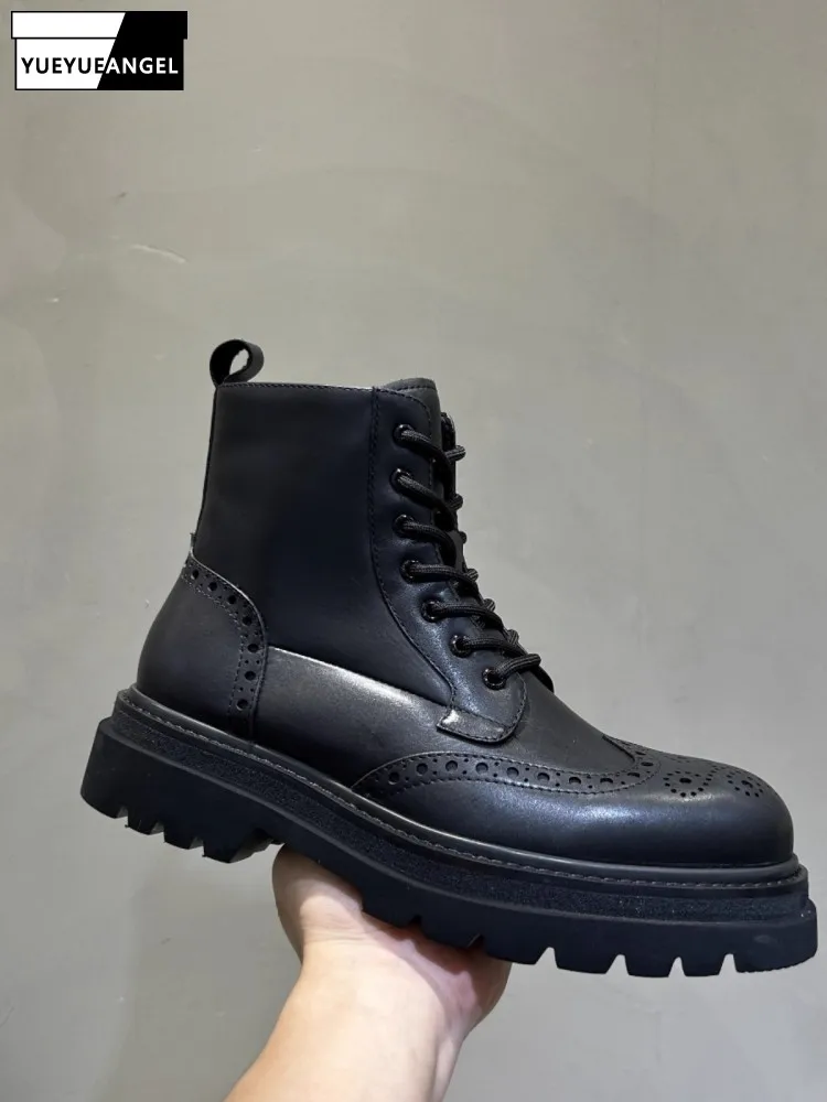 British Style Men High Top Shoes Side Zipper Autumn Winter Genuine Leather Footwear Round Toe Carved Real Cowhide Ankle Boots