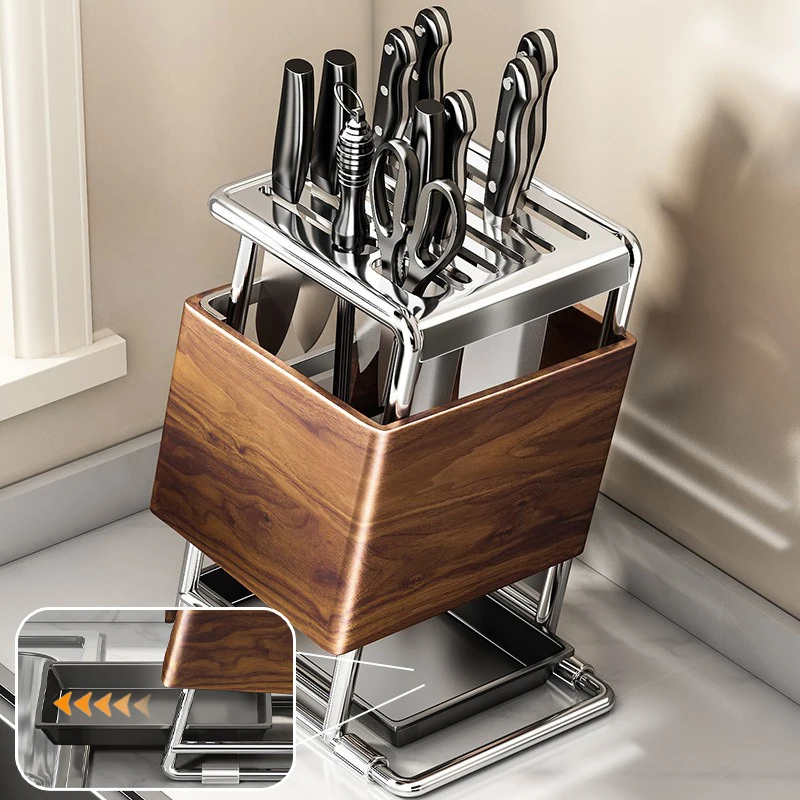 

All-in-One Knife Block Holder with Chopsticks Utensil Slots Detachable Draining Design No Installation Needed Kitchen Countertop