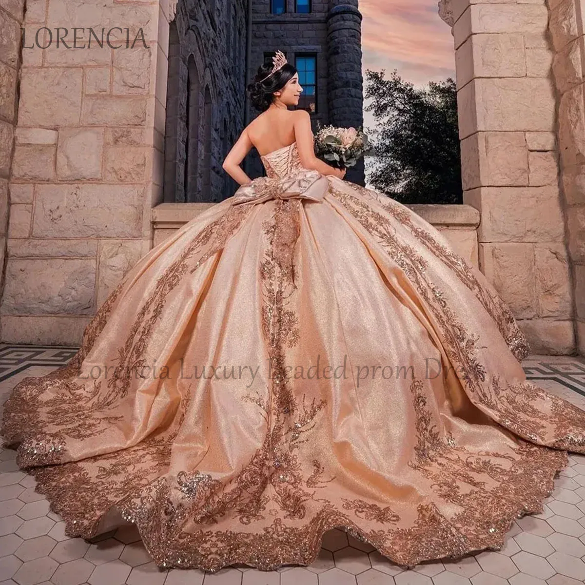 Sparkly Pink 2024 abiti Quinceanera con fiocchi Glitter Appliques cristalli perline dolce 15th Dress Ball GownVestidos De XV Anos