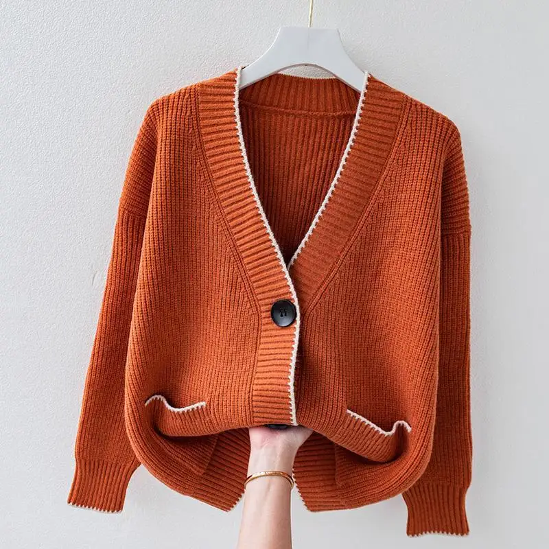 Women's Plus-size Orange Blouse Autumn and Winter Clothes Solid Color Sweater Women Clothing Sweater Women Cardigan Coats Tops