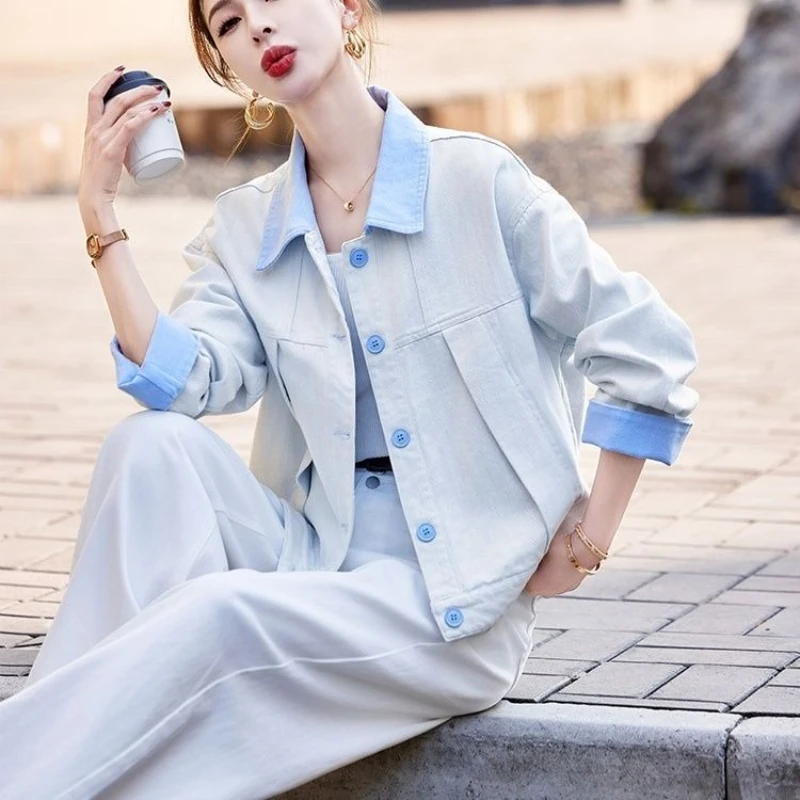 

Blue Women's 2025 New Arrival Fashion Color Block Denim Jacket Spring Autumn Preppy Style Short Petite Soft Gentle Temperament