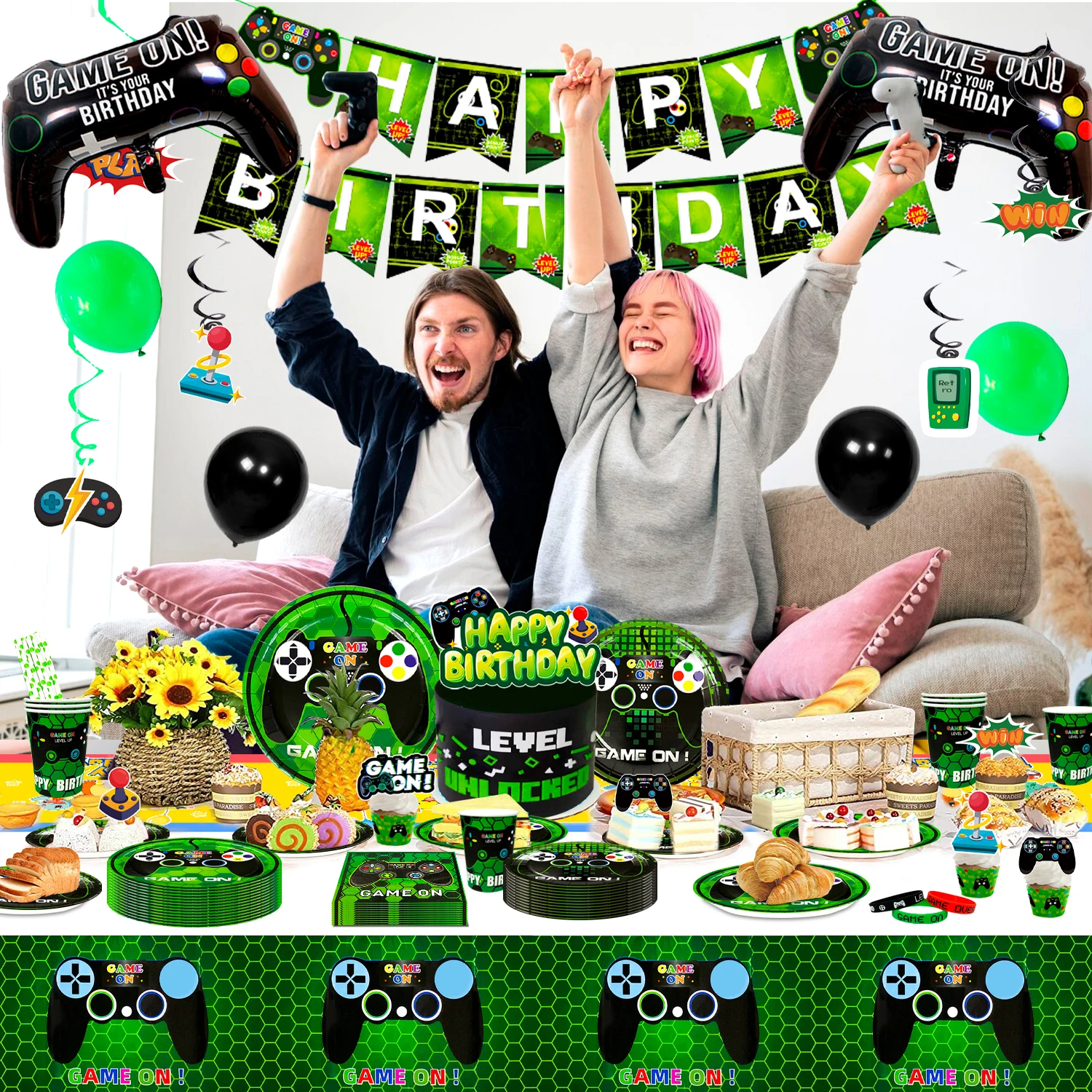 Videogame verjaardagsfeestje decoraties voor jongens, 132 stuks verjaardagsdecoratie en servies set-borden kopjes servetten tafelkleed ballonnen