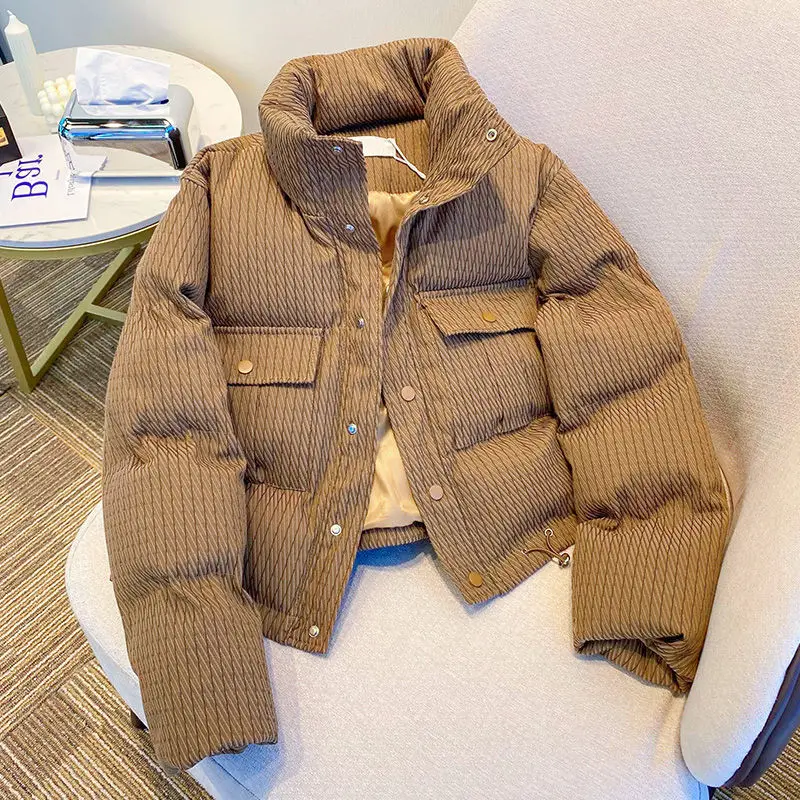 Khaki Standing Collar Cotton Jacket Women's Autumn Winter Korean Version Loose Short Coat Long Sleeved Solid Zipper Warm Top
