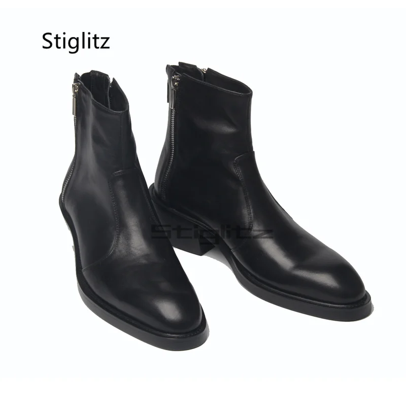 Small Square Toe High Heeled Men\'s Boots Black Genuine Leather Ankle Boots Business Dress Wedding Shoes Male Chelsea Boots