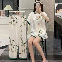 Milk Silk Pyjamas Female Green Leaves Cartoon Sweet and Lovely Three-Piece Ladies Homewear Sets Large Size Silk