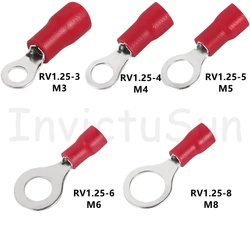 Conector isolado do fio do cabo elétrico, anel vermelho Crimp Terminal, RV1.25, M3-M8, 22-16AWG, 100 pcs, 50 pcs, 10pcs