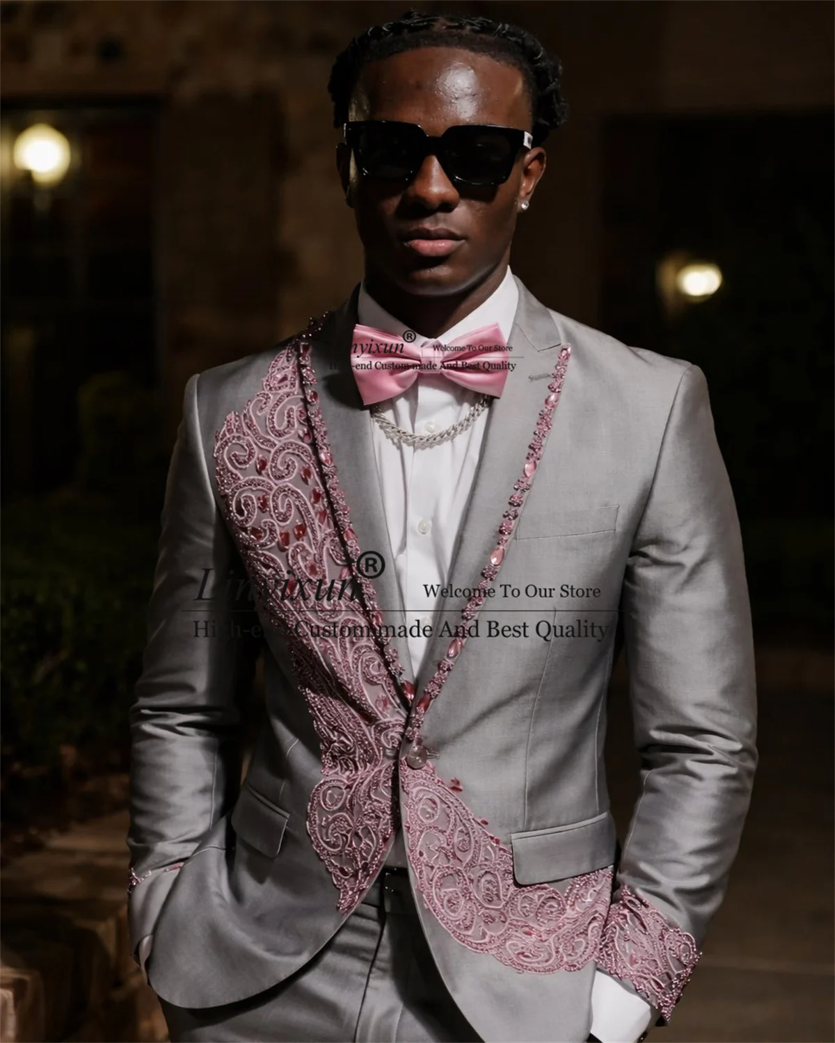 

Блестящий кружевной мужской костюм с бриллиантами по индивидуальному заказу, приталенный костюм для жениха, вечерние мужские пиджаки, свадебные комплекты из 2 предметов, смокинг, костюм Homme, наряды