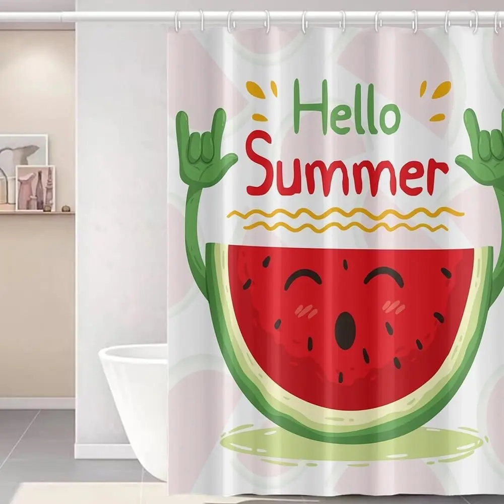 ستارة دش صيفية للحمام كشك قماش البطيخ الأحمر مجموعة ستائر الدش الكرتونية الخضراء الأيدي دش مقاوم للماء #2