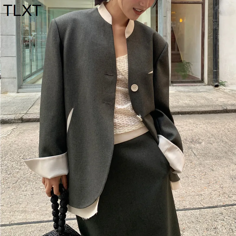 

TLXT Women's Contrast Color Vintage Fake 2 Piece Blazer 2025 Spring Autumn New Single Breasted Irregular Coat XK1024