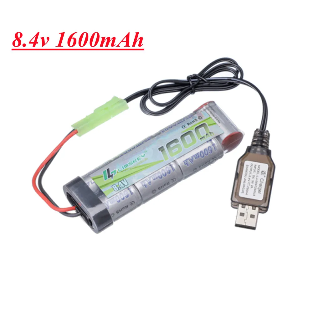 7S 2/3A 8.4V 1600mAh NiMH Flat Battery Pack and Charger for Airsoft Guns MP5, Scar, M249, M240B, M60, G36