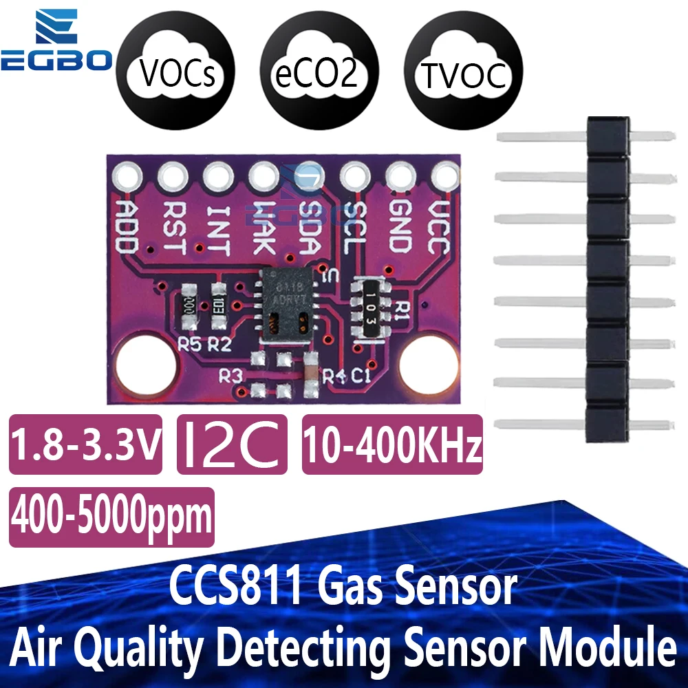 Gas Sensor Carbon Dioxide Detection Sensor Module CCS811 CO2 eCO2 TVOC Air Quality Detecting I2C Output CJMCU-811 For Arduino