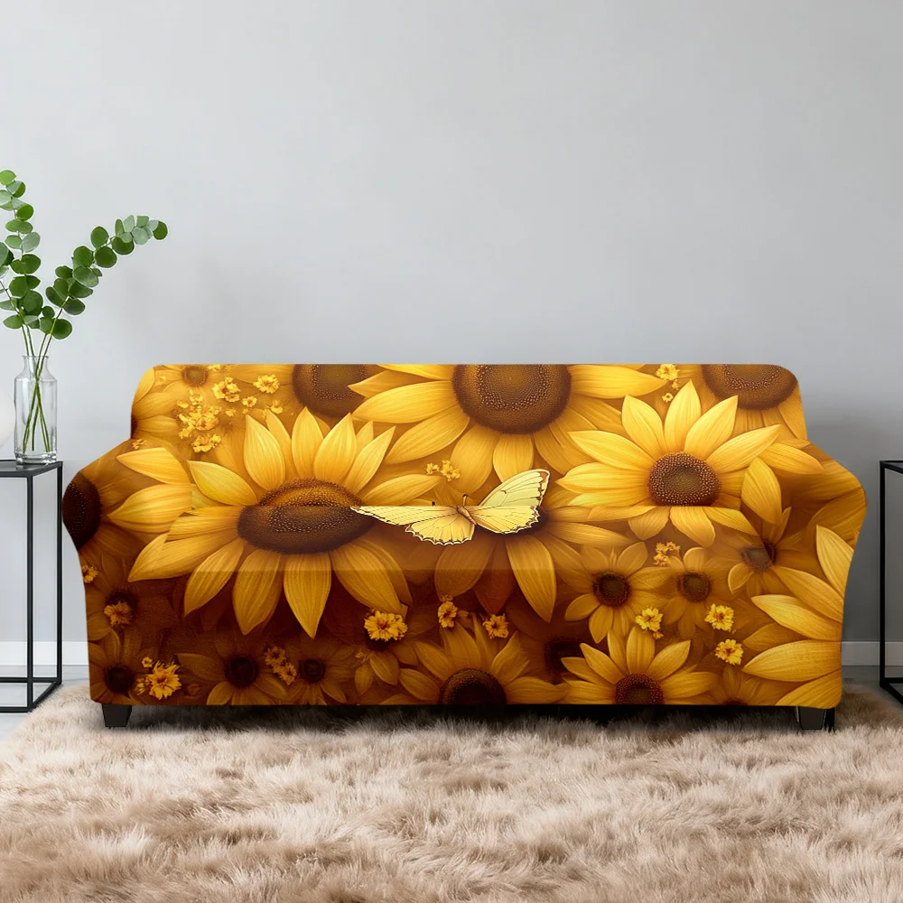 1pc Sofa Slipcover, Bright Sunflower Print Elastic Couch Cover for Living Room, Washable Modern Furniture Protector