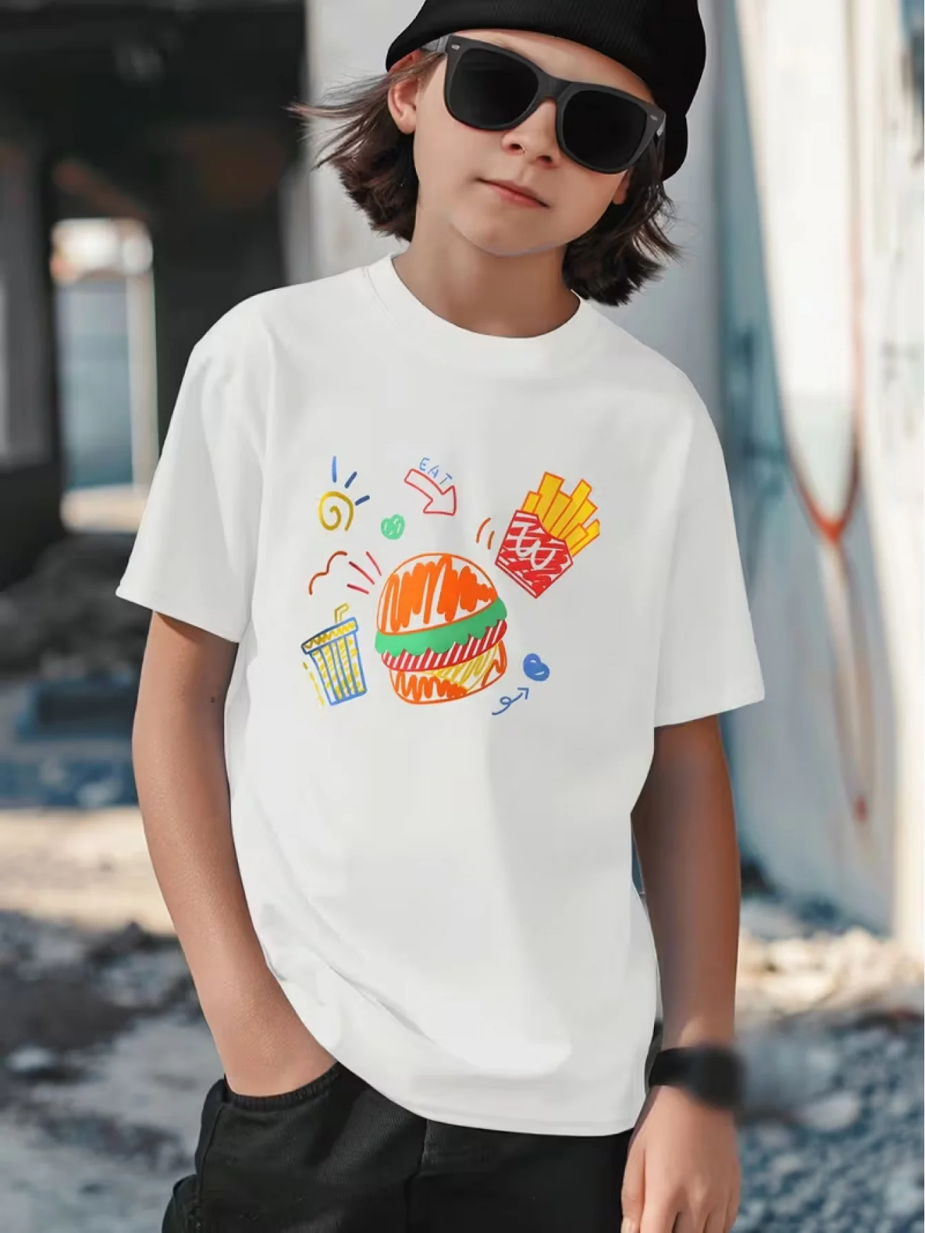 Cartoon Fast Food Burger Fries Drink Tee Colorful Hand Drawn Food Graphic Print Boys Girls Cotton Short Sleeve Children Tshirt