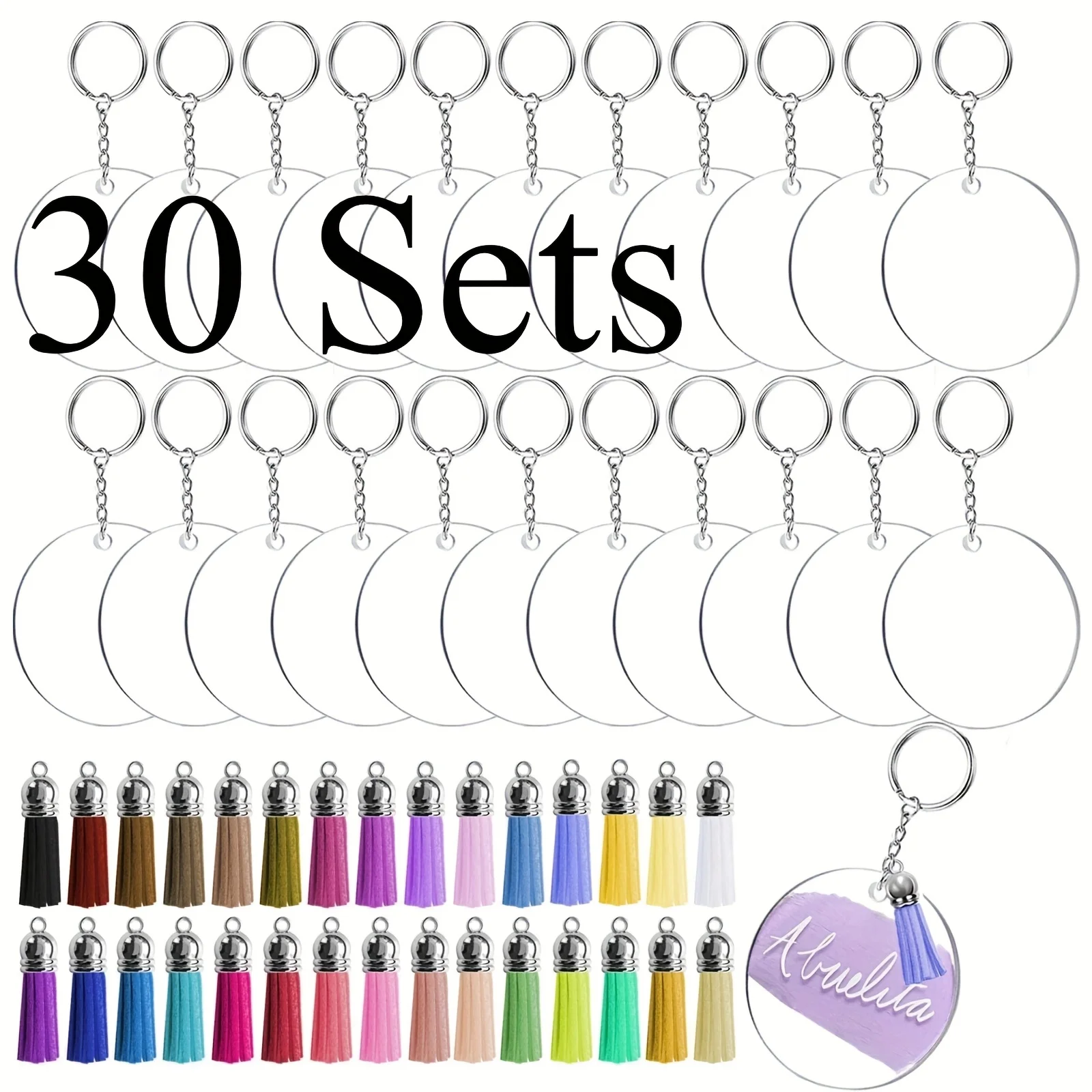 30Sets DIY Classics Fashion Tassel Keychain PU Leather Sheep's Horn Nail Open Ring Jewelry Making Accessory Gift for Crafting