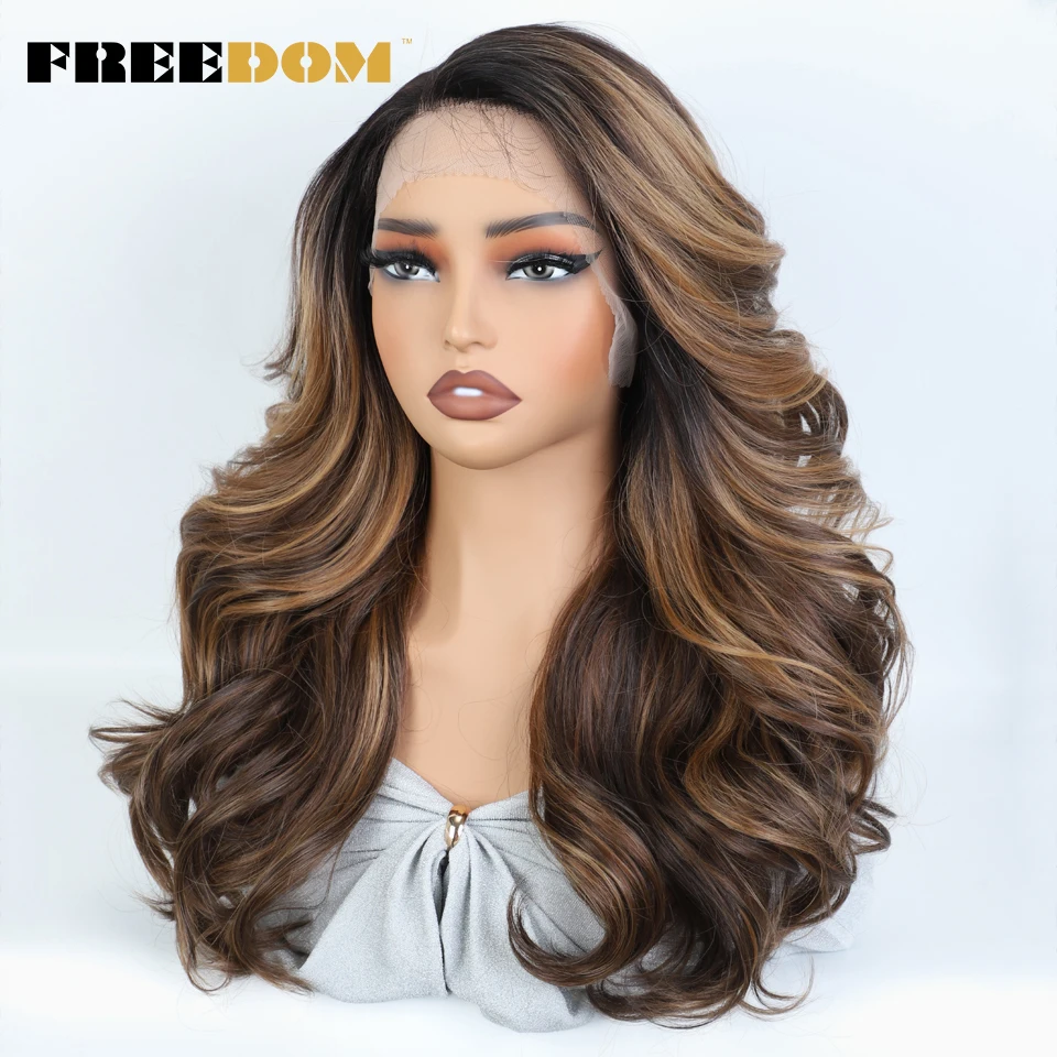 FREEDOM Syntetyczne koronkowe peruki dla czarnych kobiet Body Wave Lace Wig 22 inches Ombre Chocolate Brown Blonde Wigs Cosplay Wig