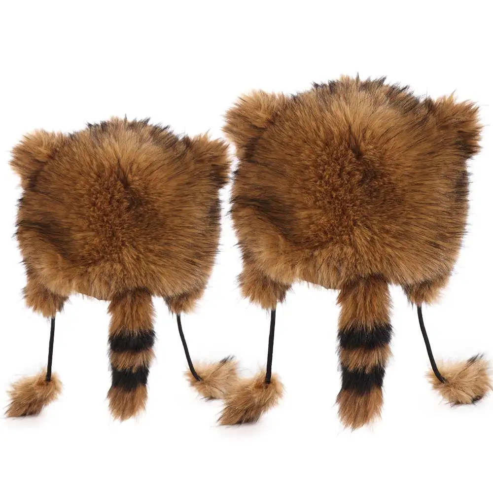 Cute Parent Child Raccoon Tail Hat Coldproof Fashion Design Hat Thick Warm Ears Thickening Material Helmet Liner Outdoor Travel