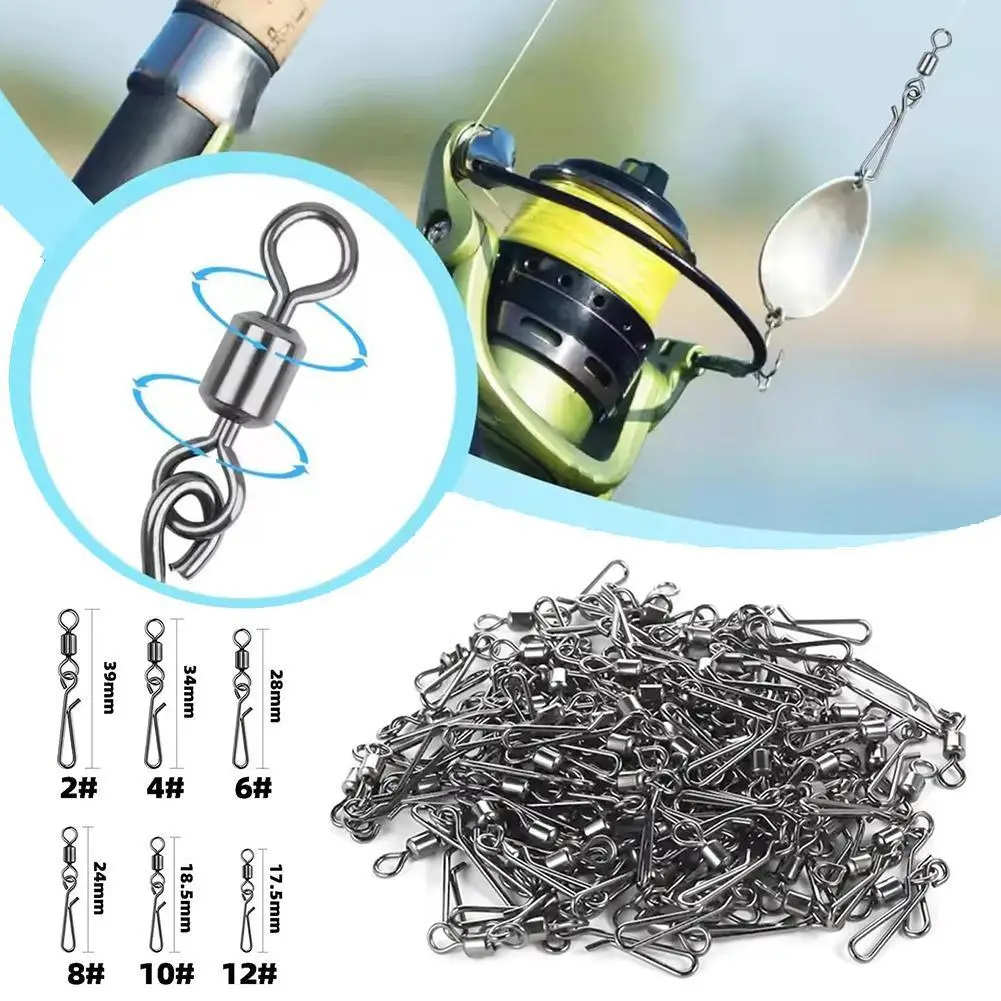 

50/100pcs /box Stainless Steel Fishing Connector Pin 2#/4# 6# 8#10#12# Bearing Rolling Swivel with Snap Fishhook Lure tool