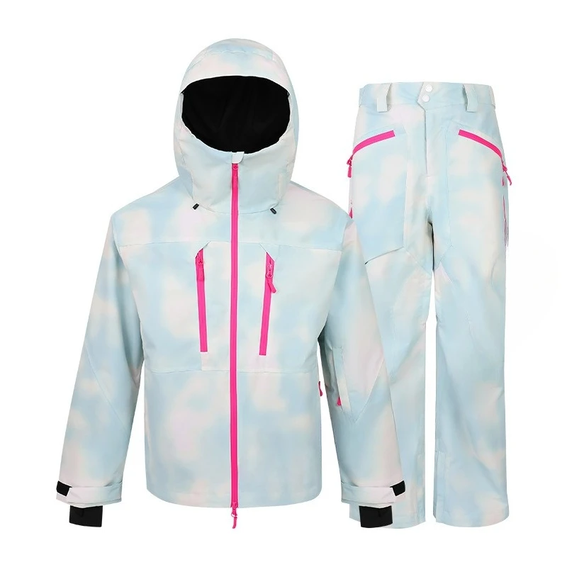 

iseemigga [Blue Smoke Rose] Ski Suit Women's Waterproof Windproof Veneer Warm Suit Men's