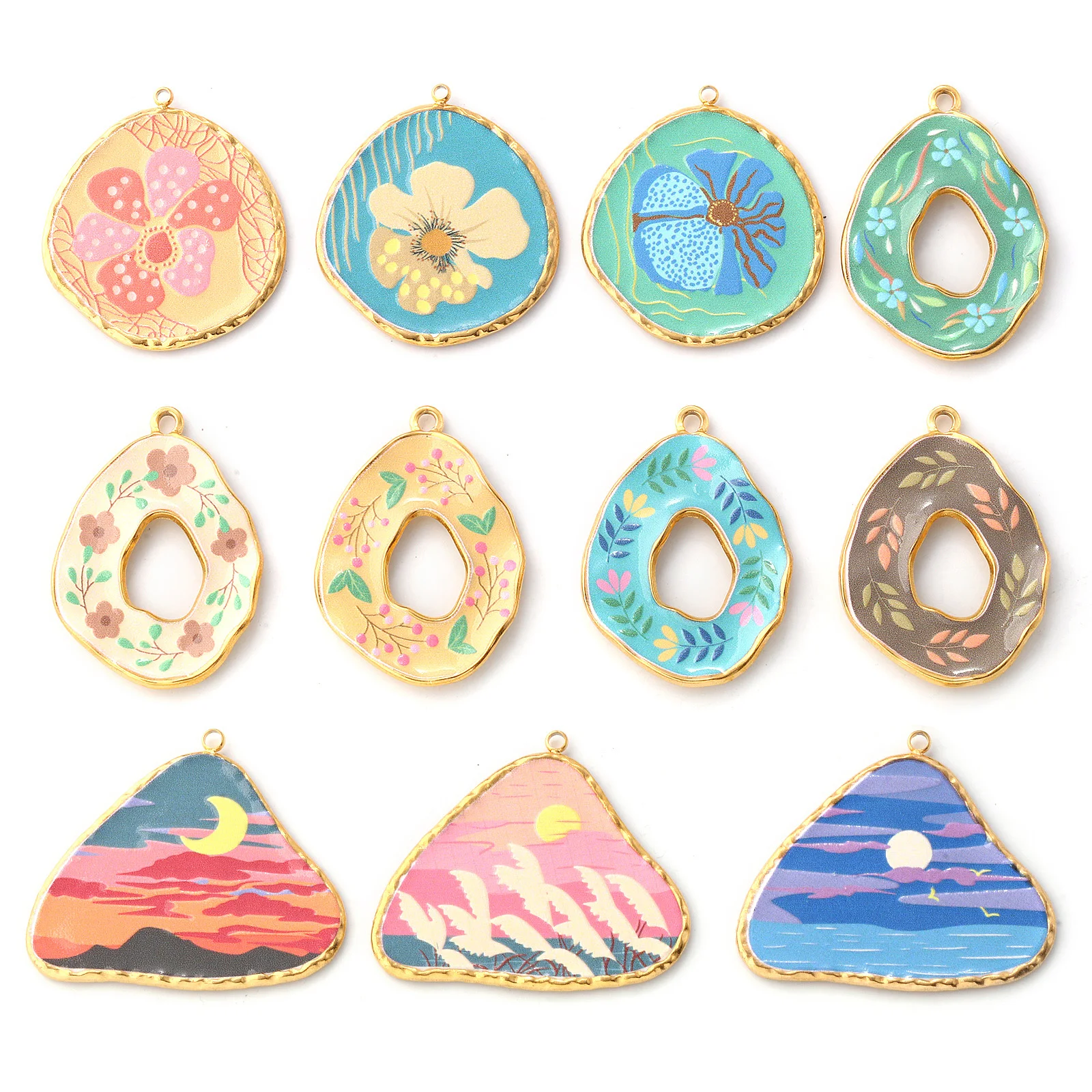 1PC 304 Stainless Steel Pendants 18K Gold Plated Multicolor Flower Natural Scenery Printed Charms DIY Necklace Jewelry Making