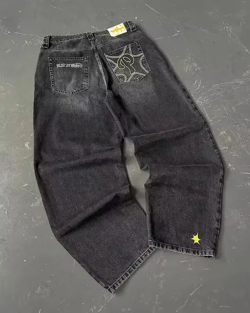 Jeans larghi retrò Hip Hop Y2k per uomo pantaloni in Denim nero oversize nuovi pantaloni Harajuku con ricamo gotico a gamba larga Streetwear