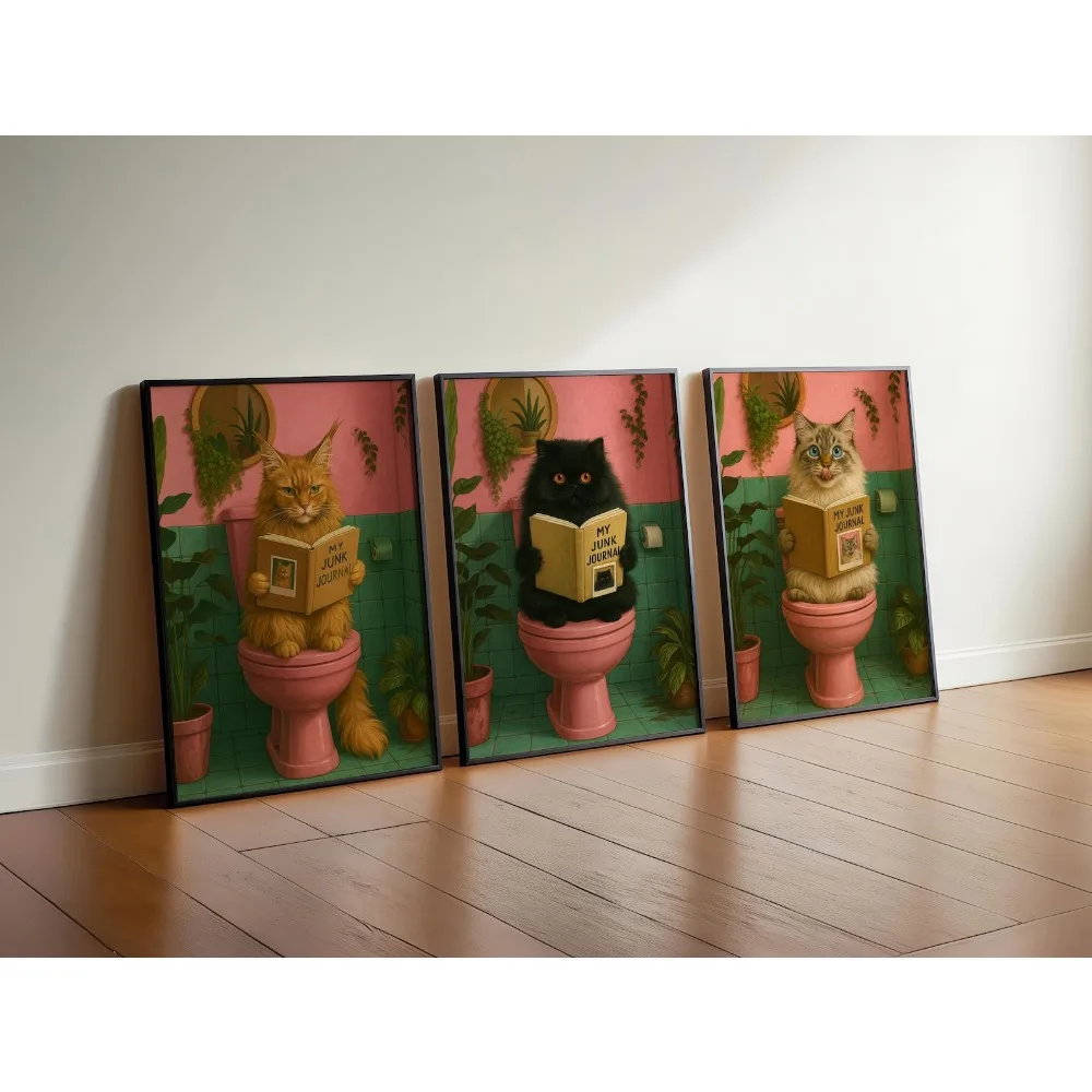 3pcs Frameless,Funny Black Cat Bathroom Print,Toilet Humor Art,Digital Download,Cat Reading,Bathroom Toilet Wall Art Decoration