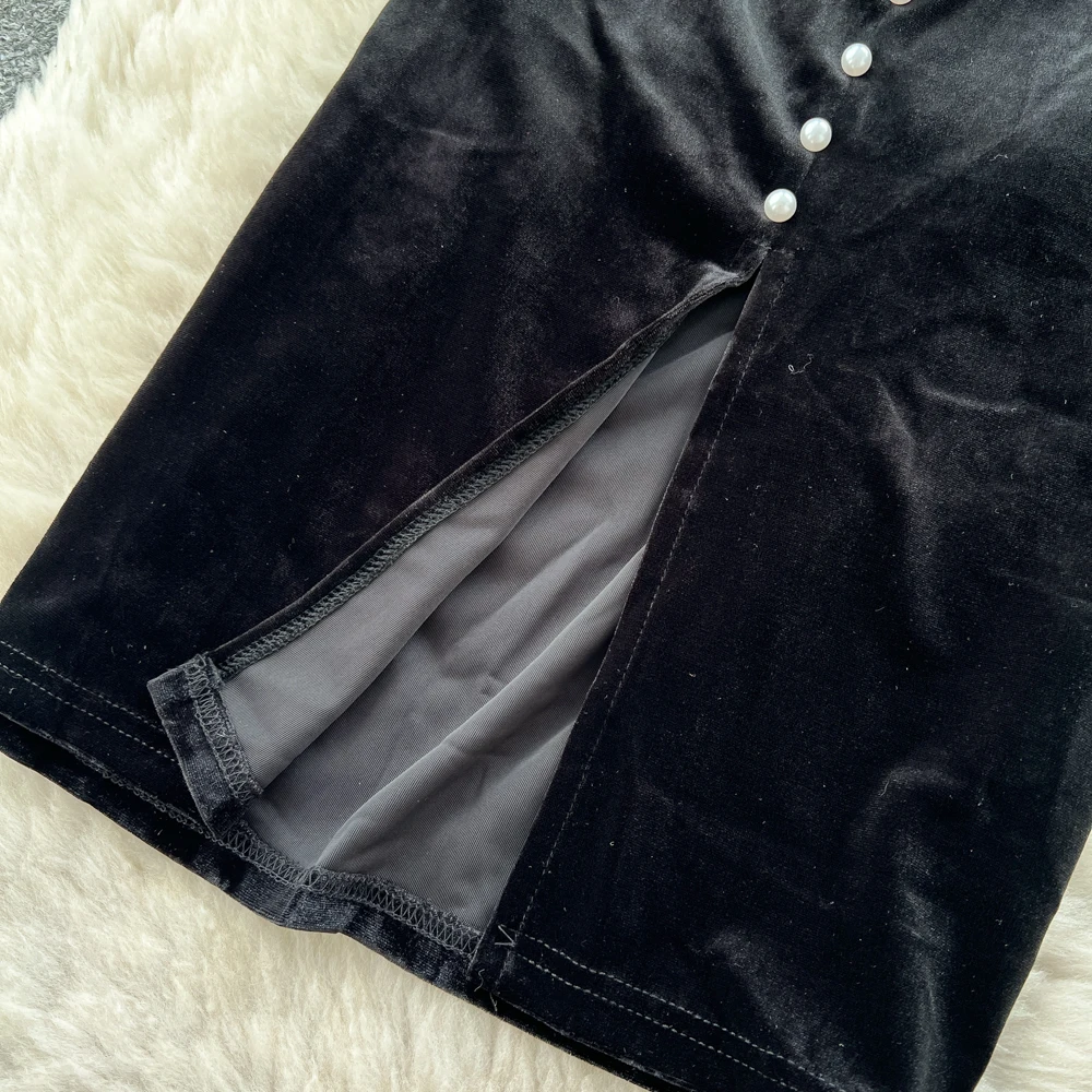 Elegant Chic long sleeve velour lace button Slim Dresses Party High Street evening dress Autumn Clothing