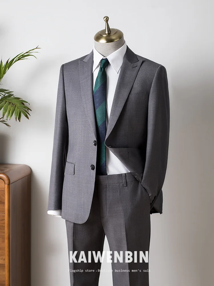 Classic Grey Men's Suit Peaked lapel Wedding Groom/Groomsmen 2 Pcs Jacket Pants Formal Business Party  Customized Custom Made