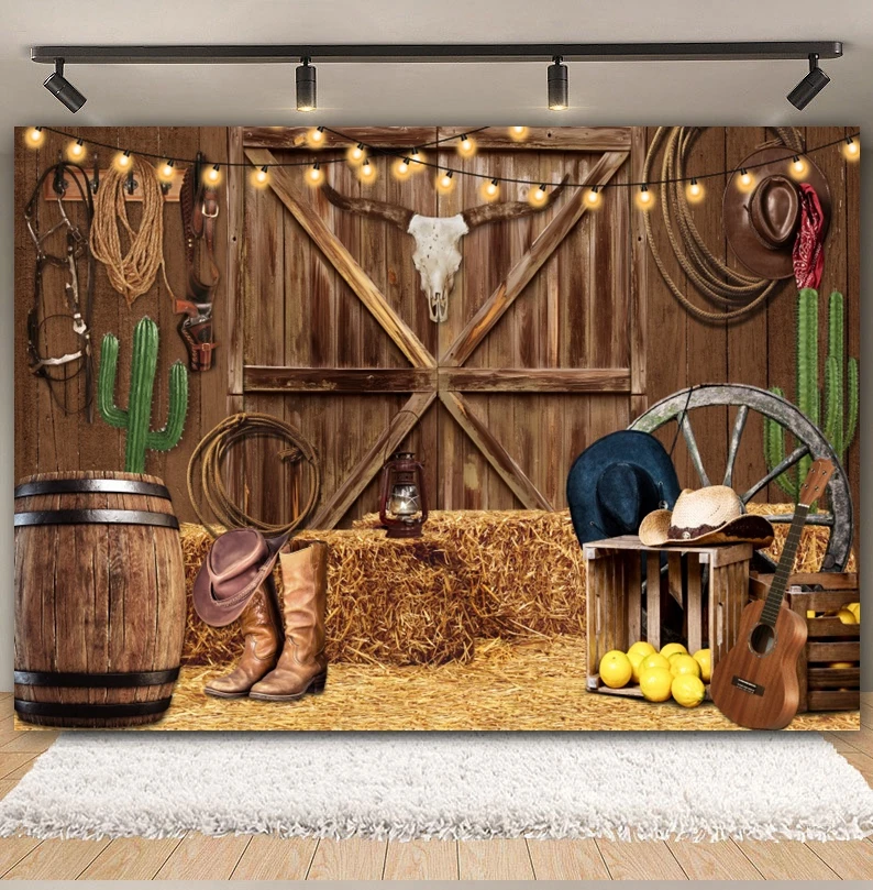 Western Cowboy Background Wild West Farm Barn Wooden Door Horse Haystack Log Cabin Baby Portrait Birthday Party Photo Background