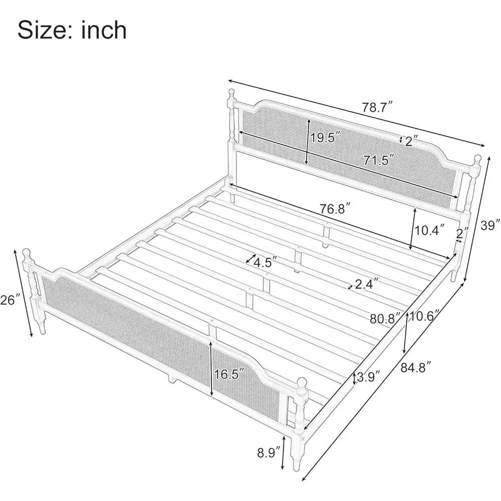 King Rattan Bed Frame with Headboard and Footboard, No Box Spring Needed