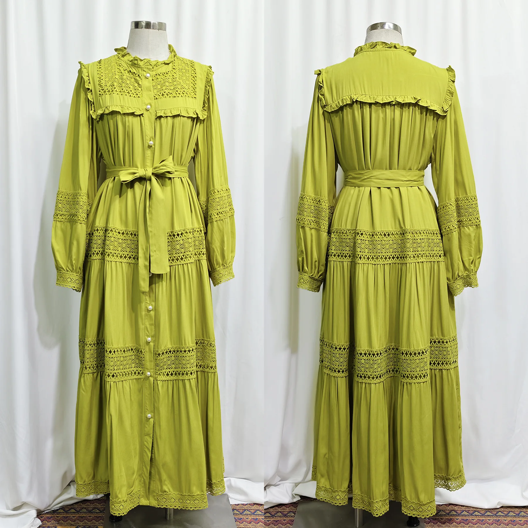 Robe longue en dentelle pour femmes musulmanes du moyen-orient, épissure creuse, volants, bord, col montant, Abaya, nouvelle collection