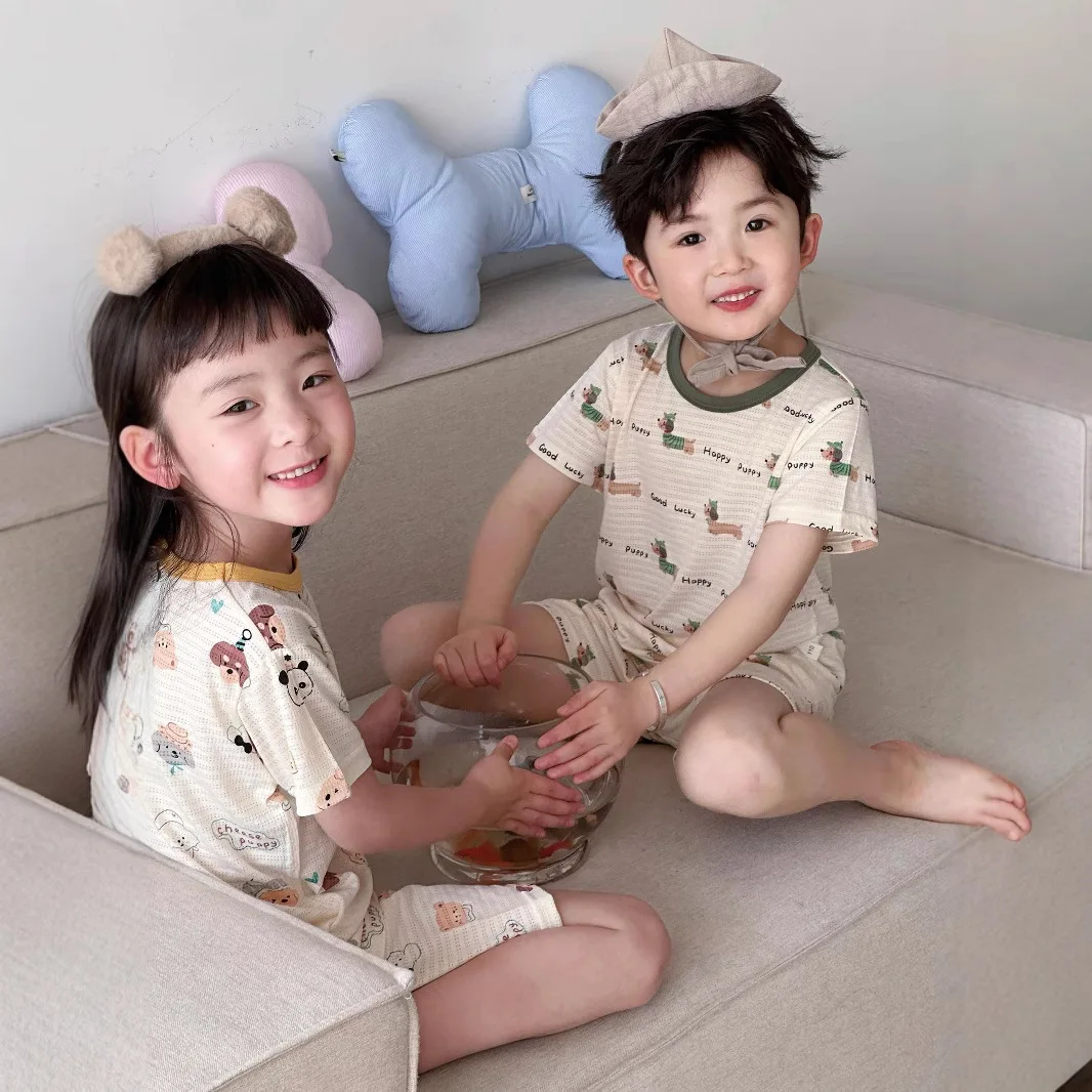 

Summer Children Boys Sleepwear 2PCS Cartoon Print Kids Boys Short Sleeves Loose Casual Toddler Kids Boys Shorts Siblings Attires