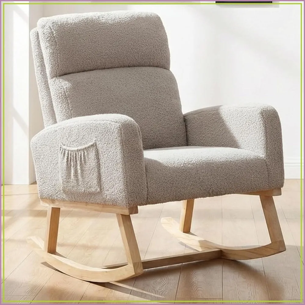 Rocking Chair Nursery with High Backrest Solid Wood Legs Teddy Glider Grey