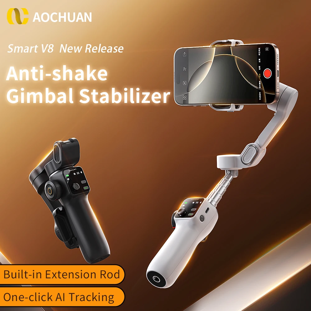 AOCHUAN Smart V8 3-Axis Handheld Gimbal Phone Stabilizer with Extension Rod Tripod Face Tracking for iPhone Android Tiktok Vlog