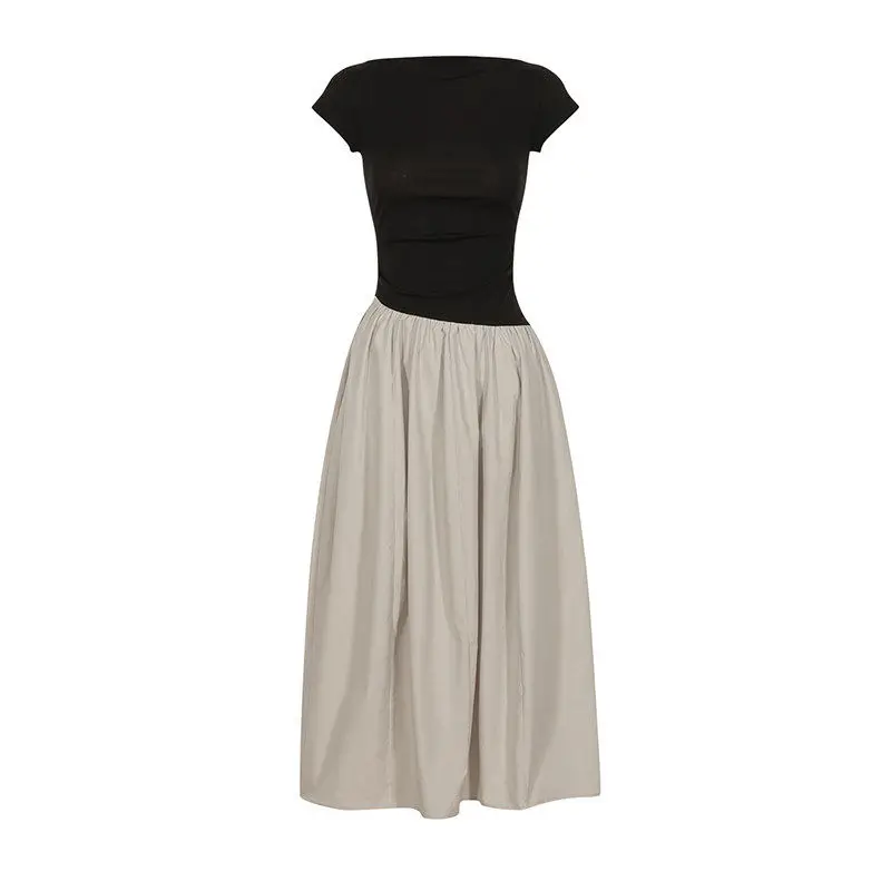 AEL Französisches Elegantes Patchwork-Kleid für Damen, Sommer 2026 Neu, Tailliertes Tencel-Knospenkleid, Lang – Detail 6