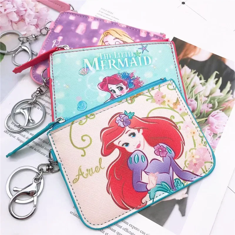 Cartoon Disney Princess Series Card Case Coin Purse Pu Leather Student Rice Card Bag Loose Purse with Key Chain Portable