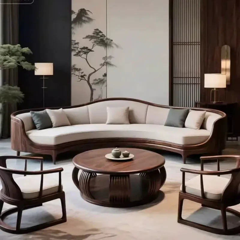 New Chinese Style Curved Solid Wood Sofa Set Light Luxury Living Room Leisure Sofa with Coffee Table Customizable Furniture