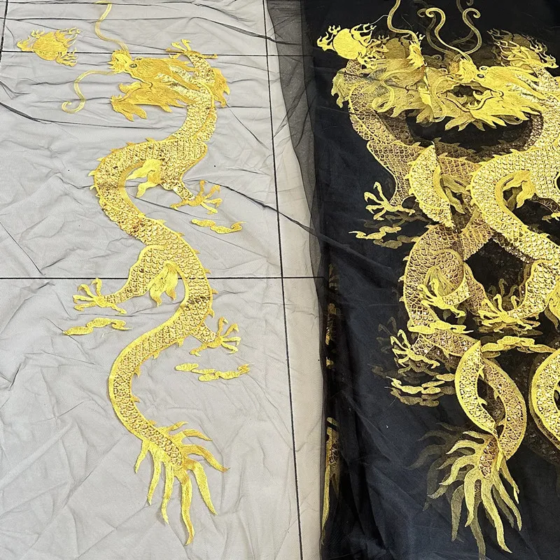 1Pcs Super Large Gold Sequin Dragon Black Mesh Fabrics Embroidery Patches Applique Sewing On Clothing Dress Lace Patch Decor DIY